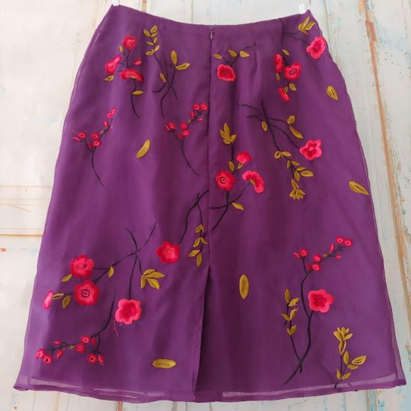 CLIO 100% silk floral embroidery sheer shell zipper w dart waist/4/plum & pink - Picture 2 of 5